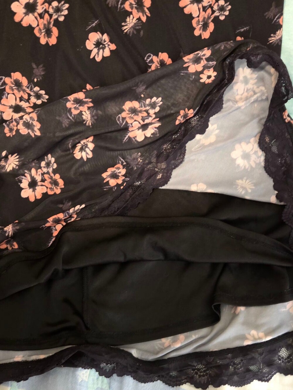 Black Floral Lace Trim Slip Dress - Peach Flowers - Picture 3 of 4